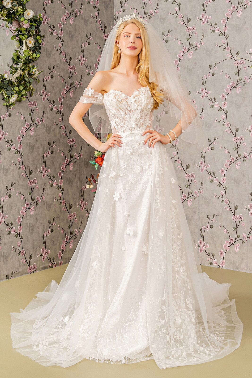 slim fit dress slacks 3D Floral Off Shoulder Wedding Gown by GLS Gloria GL3423 2XL / Ivory