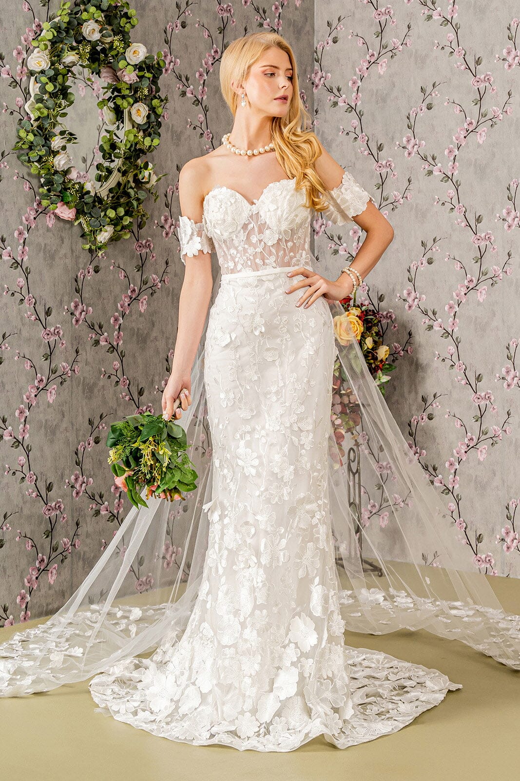 3D Floral Sheer Corset Bridal Gown by GLS Gloria GL3424 XL / Ivory 3D Floral Sheer Corset Bridal Gown by GLS Gloria GL3424 XL / Ivory
