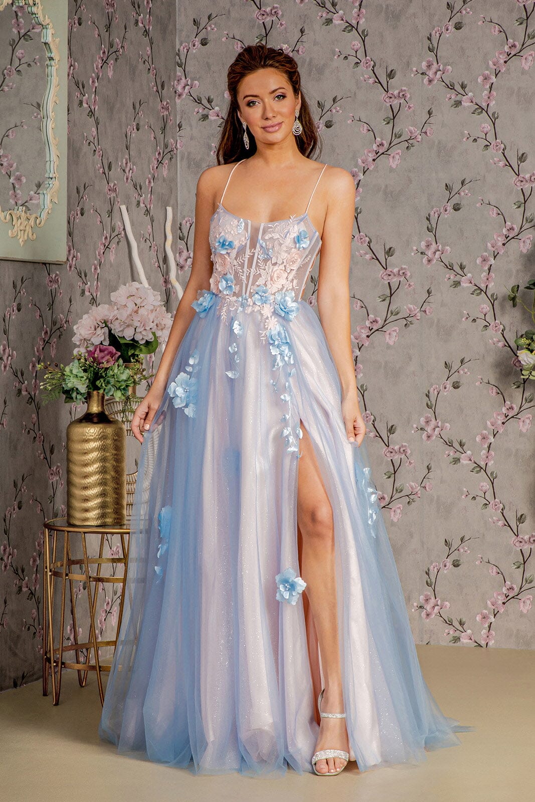 3D Floral Sleeveless A-line Slit Gown by GLS Gloria GL3250 XL / Blue/Peach 3D Floral Sleeveless A-line Slit Gown by GLS Gloria GL3250 XL / Blue/Peach