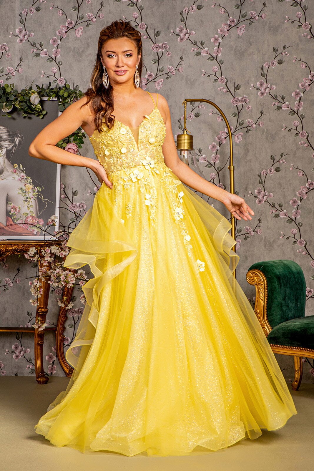 3D Floral Sleeveless Ruffled A-line Gown by GLS Gloria GL3356 XL / Yellow