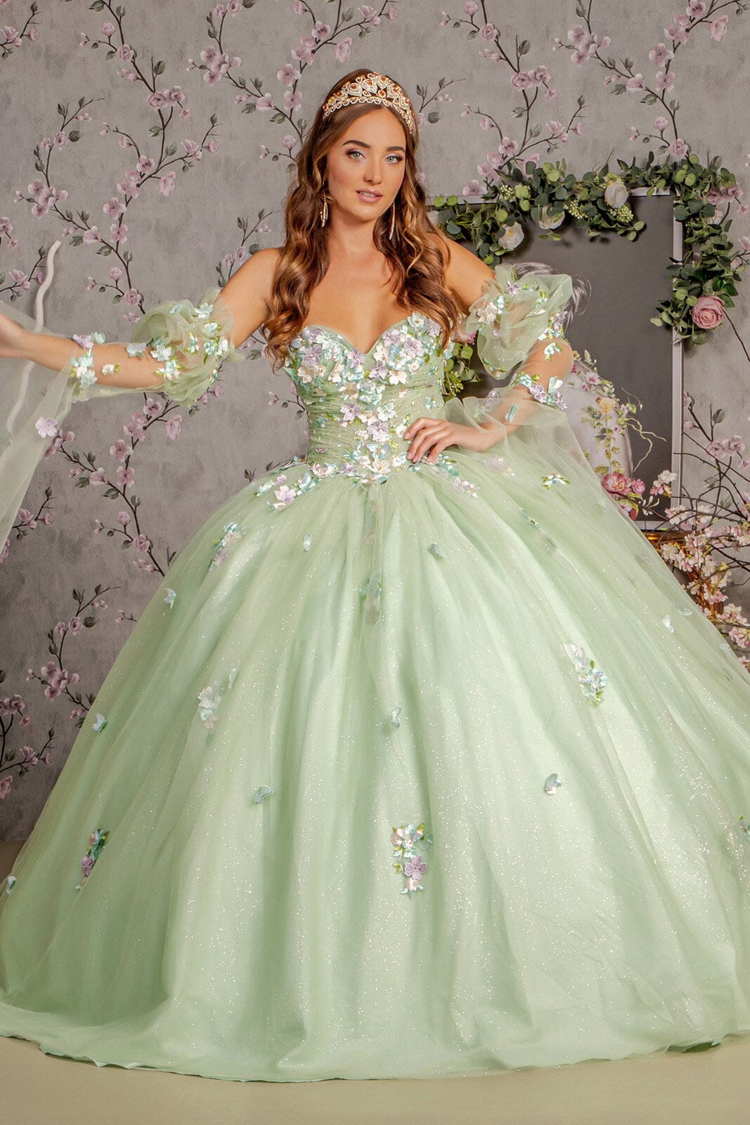 3D Floral Strapless Bell Sleeve Ball Gown by GLS Gloria GL3300 L / Sage