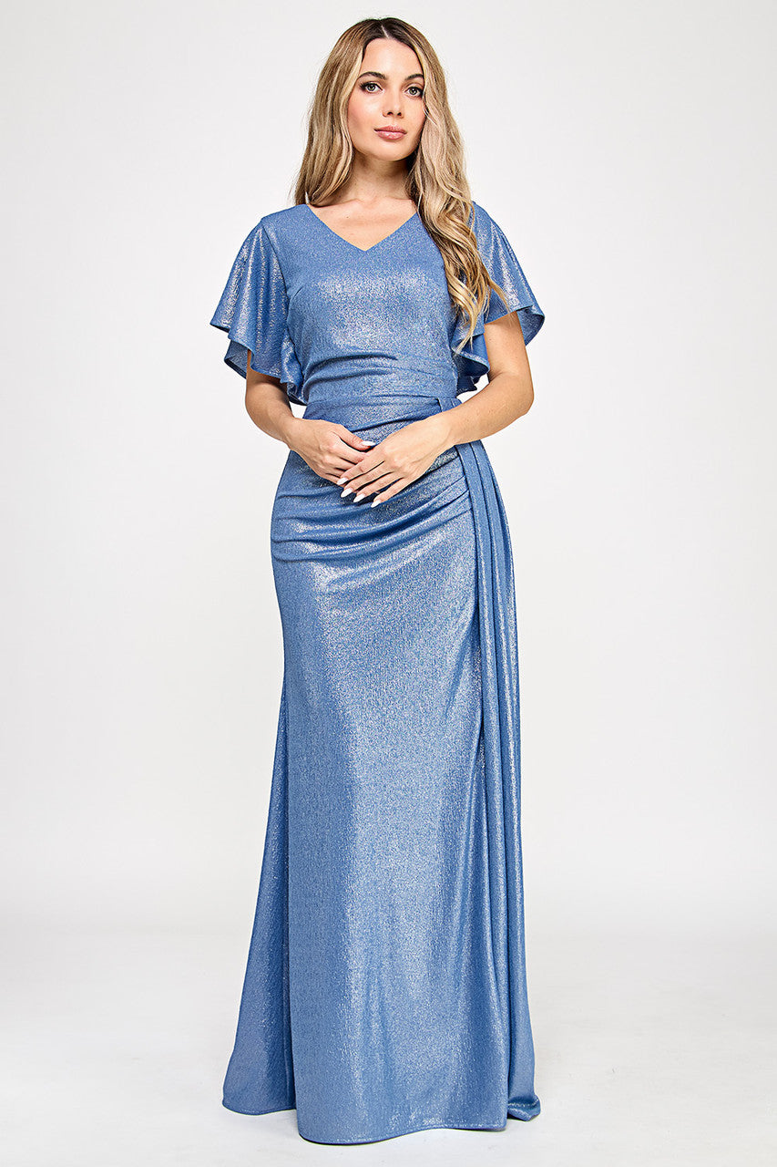 Metallic Short Sleeve Slit Gown by Lenovia 5329