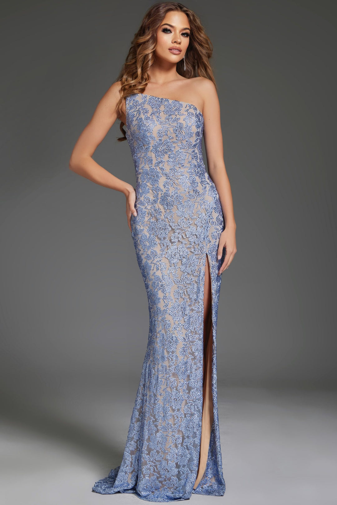 Applique Fitted One Shoulder Slit Gown by Jovani 43753