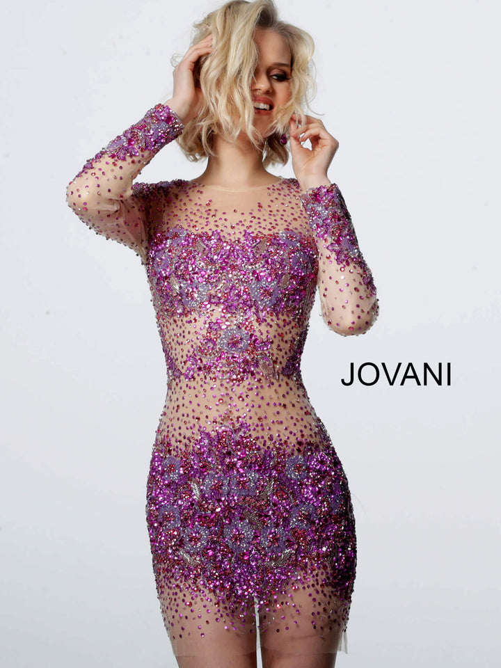 Beaded Sheer Long Sleeve Cocktail Dress by Jovani 47598