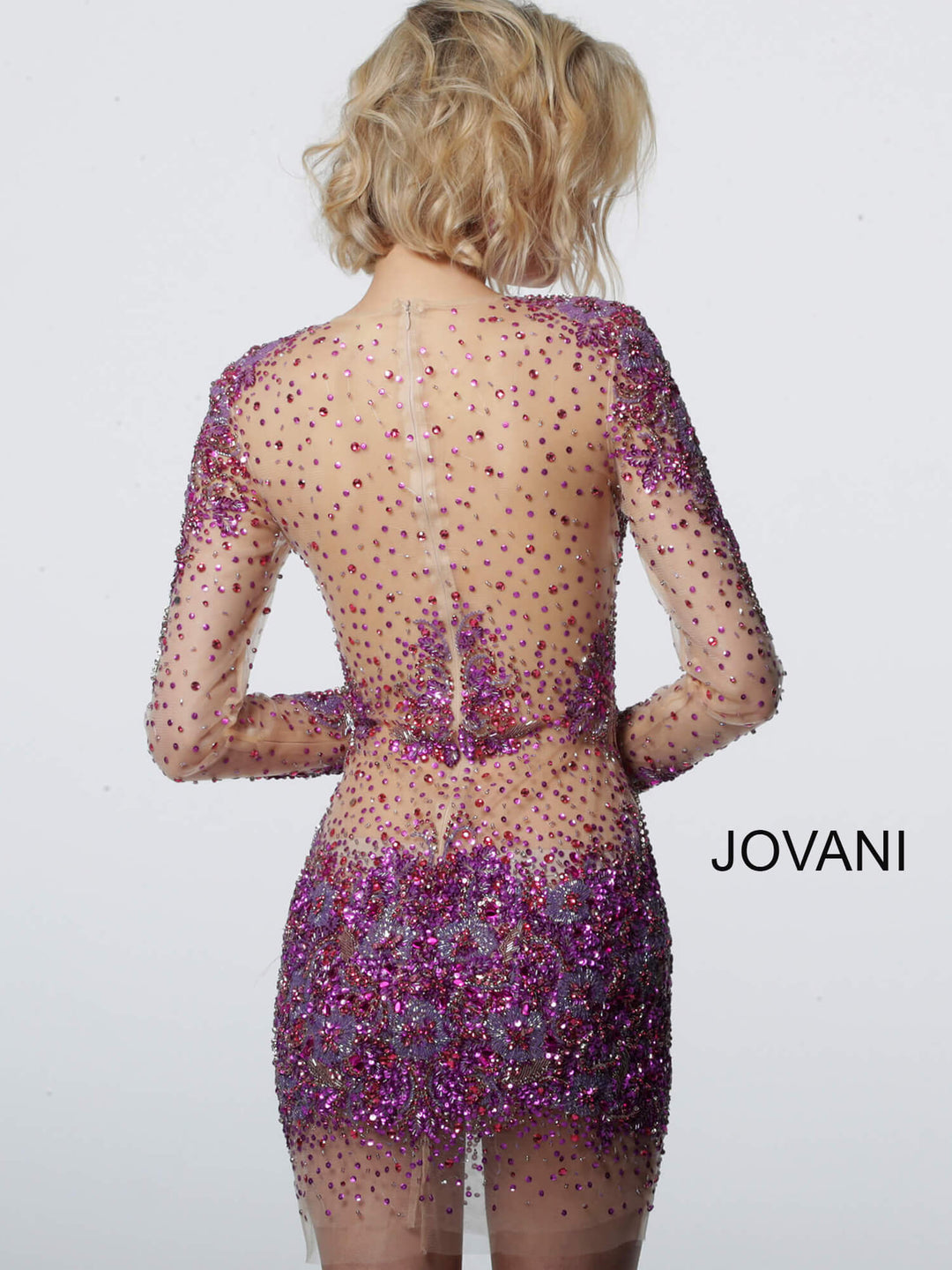 Beaded Sheer Long Sleeve Cocktail Dress by Jovani 47598