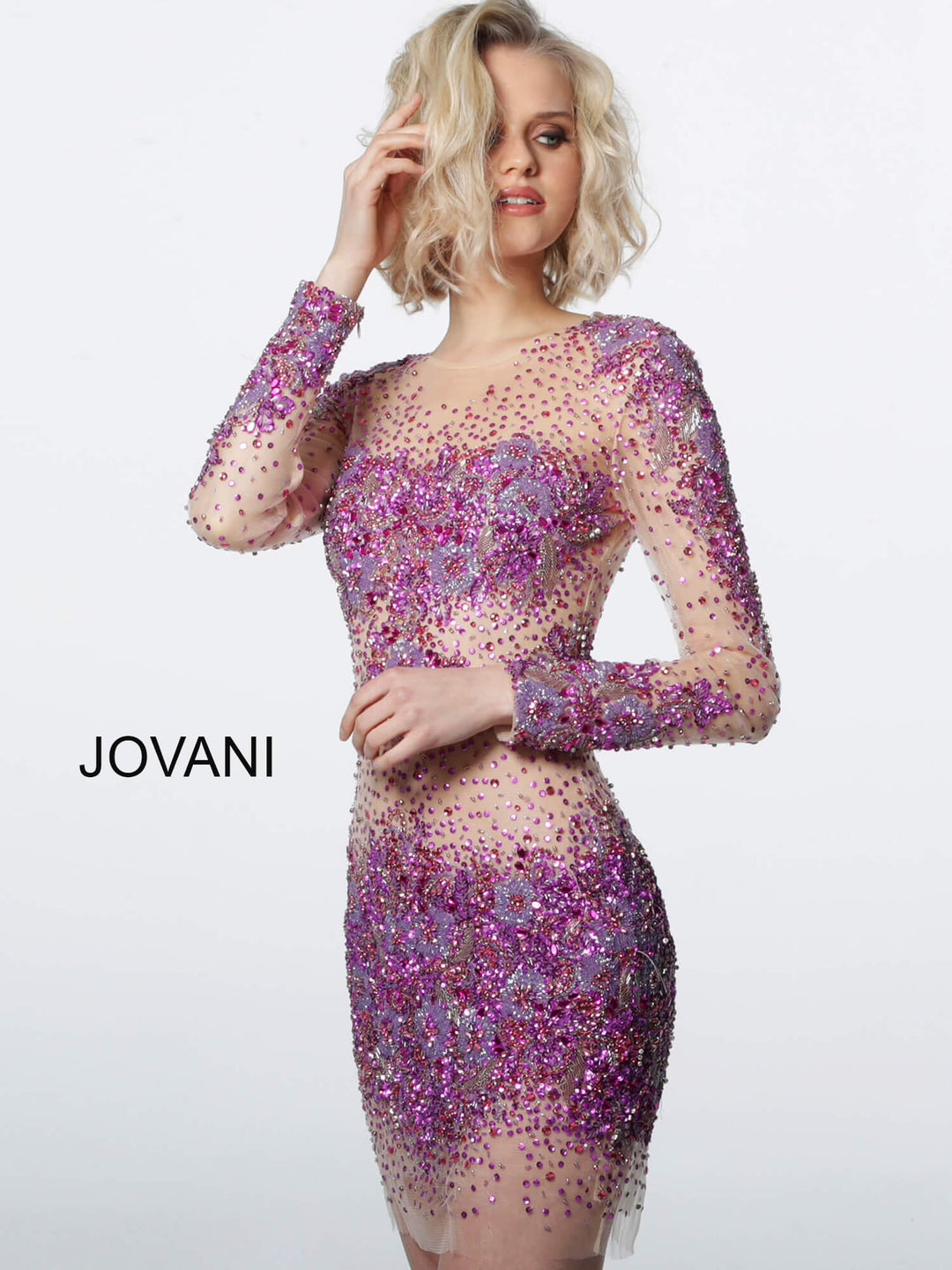 Beaded Sheer Long Sleeve Cocktail Dress by Jovani 47598