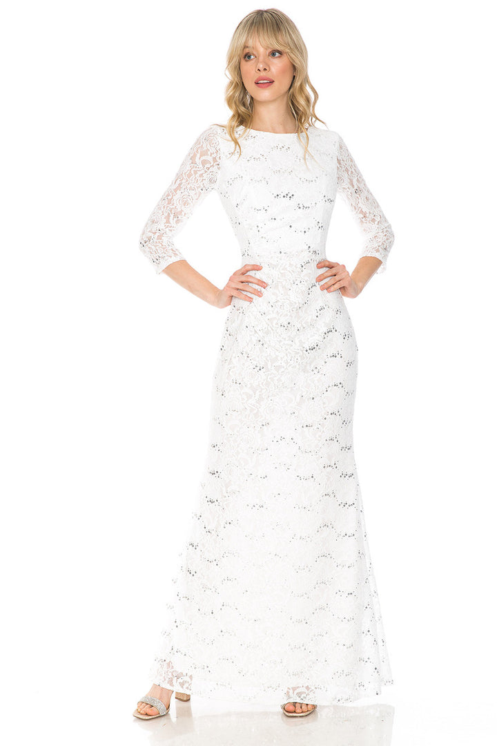 Sequin Lace Fitted 3/4 Sleeve Gown by Lenovia 5239
