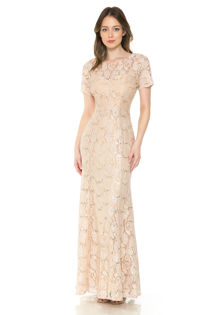 Sequin Lace Fitted Short Sleeve Gown by Lenovia 5241