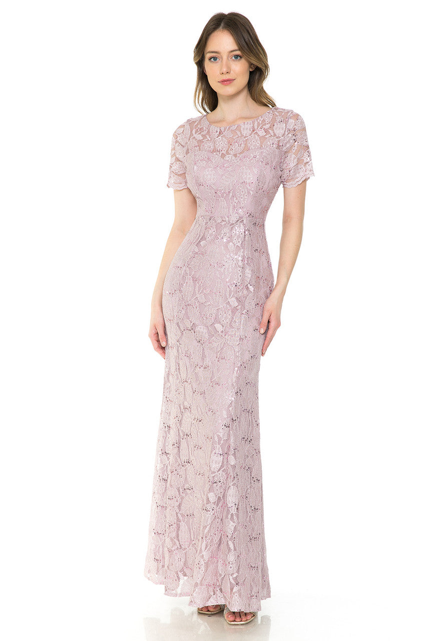 Sequin Lace Fitted Short Sleeve Gown by Lenovia 5241
