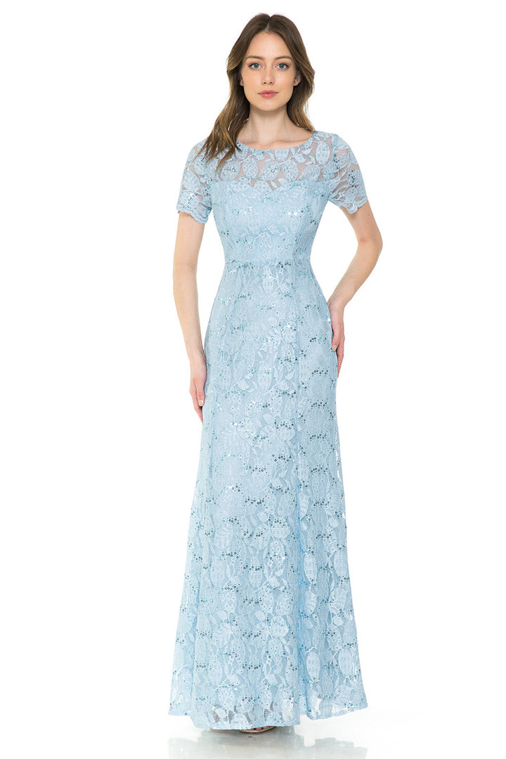 Sequin Lace Fitted Short Sleeve Gown by Lenovia 5241