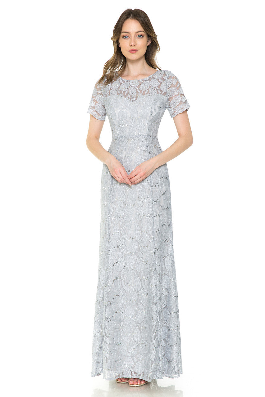 Sequin Lace Fitted Short Sleeve Gown by Lenovia 5241