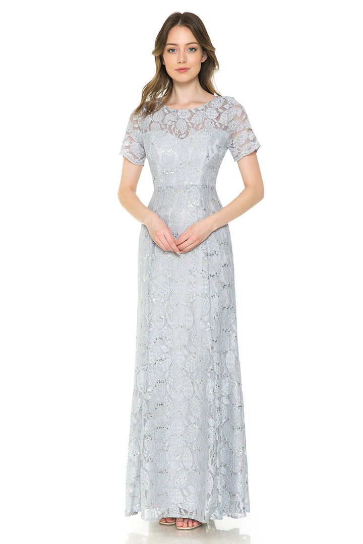 Sequin Lace Fitted Short Sleeve Gown by Lenovia 5241