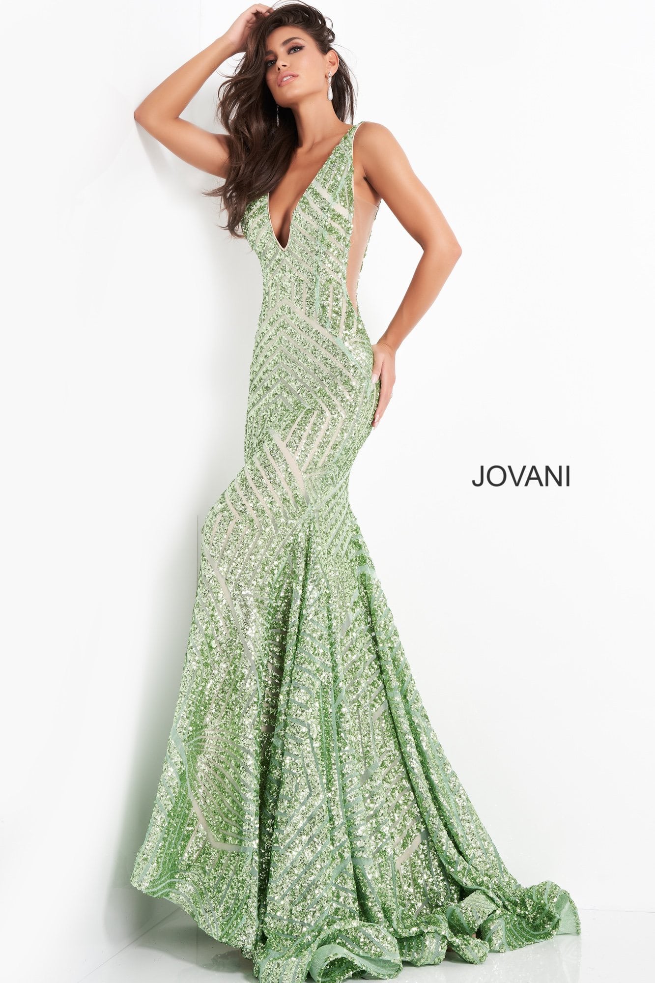 green emerald velvet dress Jovani Plus-Size Backless Prom Dress 59762B