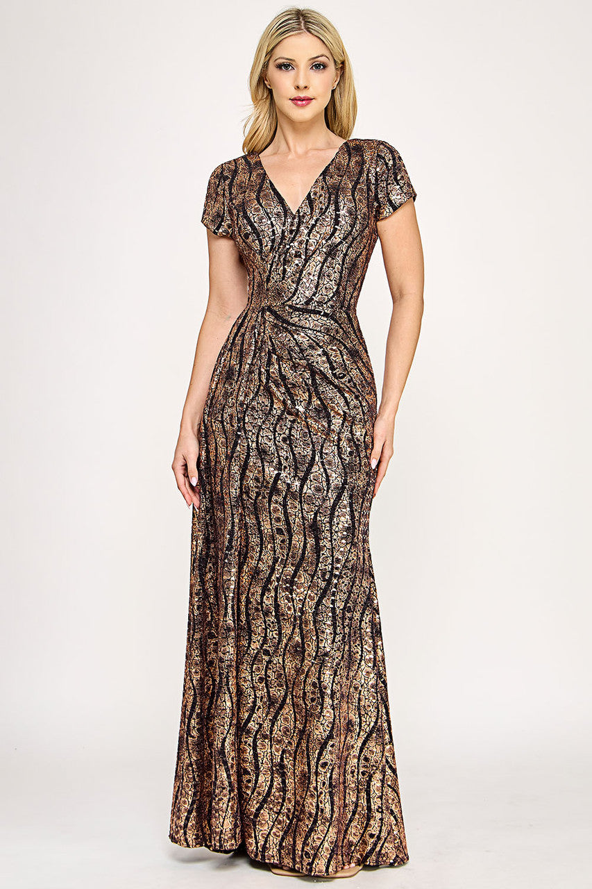 Metallic Print Short Sleeve Slit Gown by Lenovia 5331