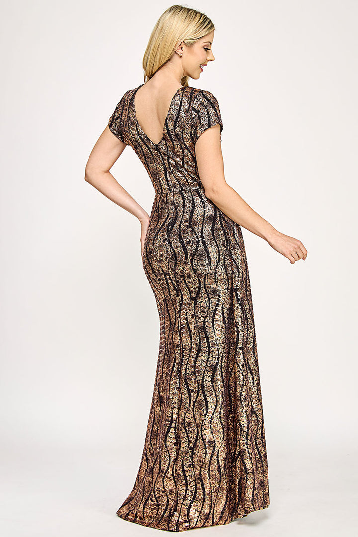 Metallic Print Short Sleeve Slit Gown by Lenovia 5331