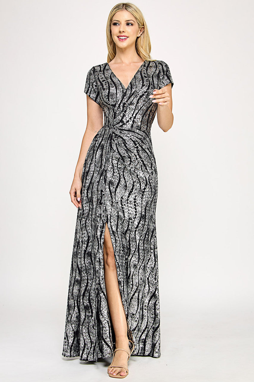 Metallic Print Short Sleeve Slit Gown by Lenovia 5331