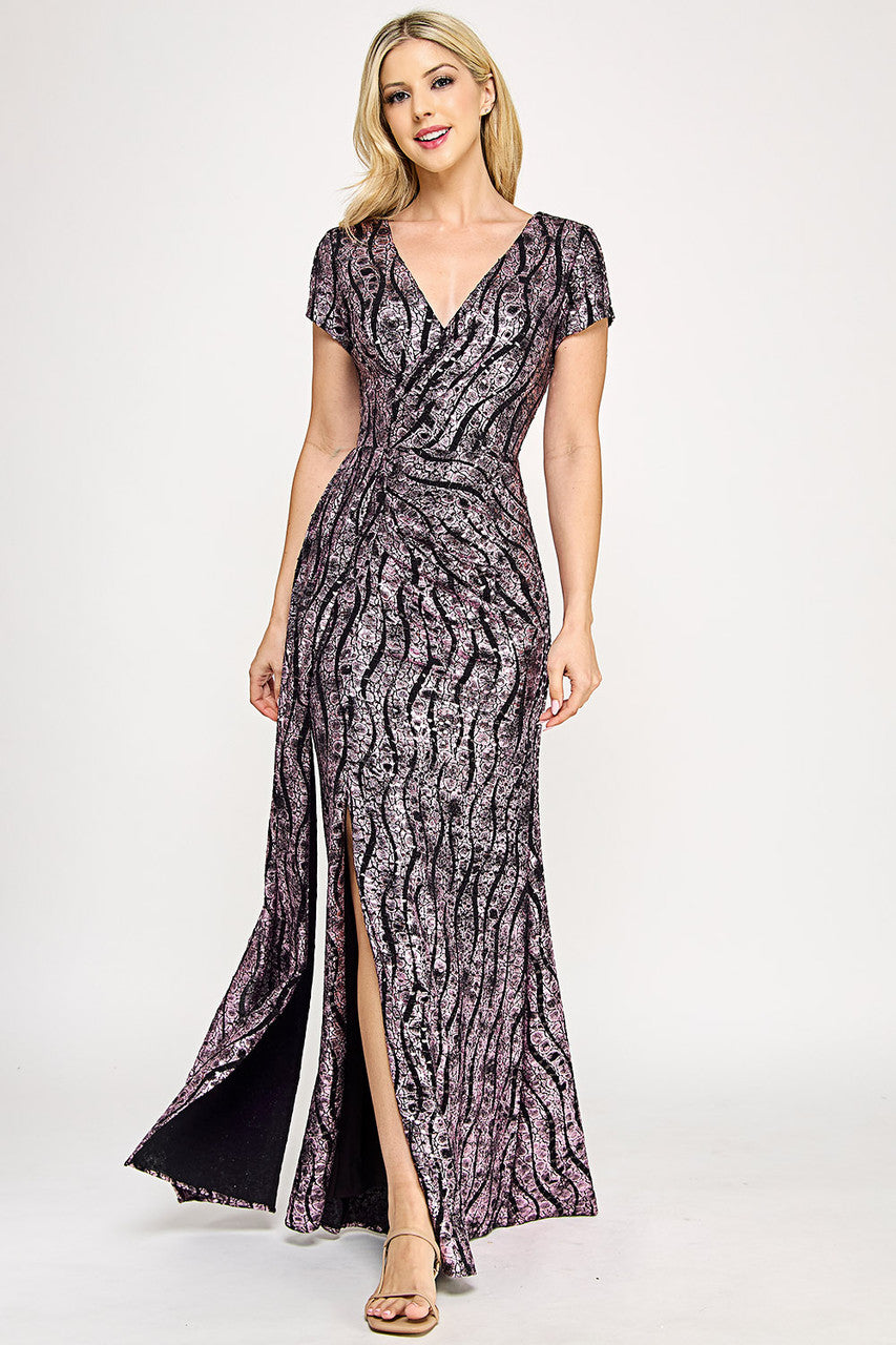 Metallic Print Short Sleeve Slit Gown by Lenovia 5331