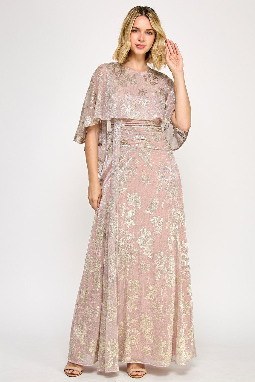 Metallic Print Fitted Cape Gown by Lenovia 5330