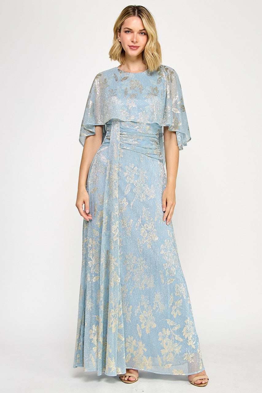 Metallic Print Fitted Cape Gown by Lenovia 5330