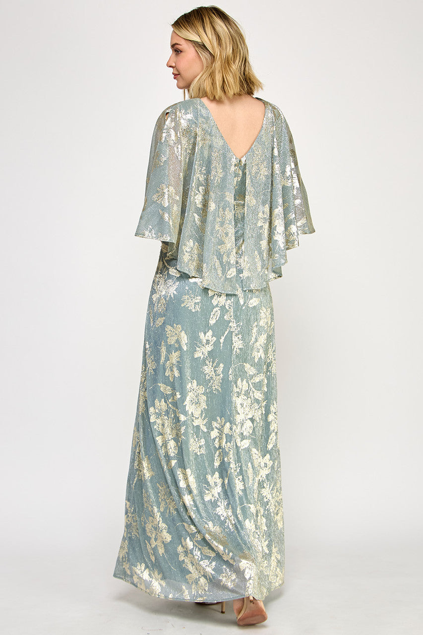 Metallic Print Fitted Cape Gown by Lenovia 5330