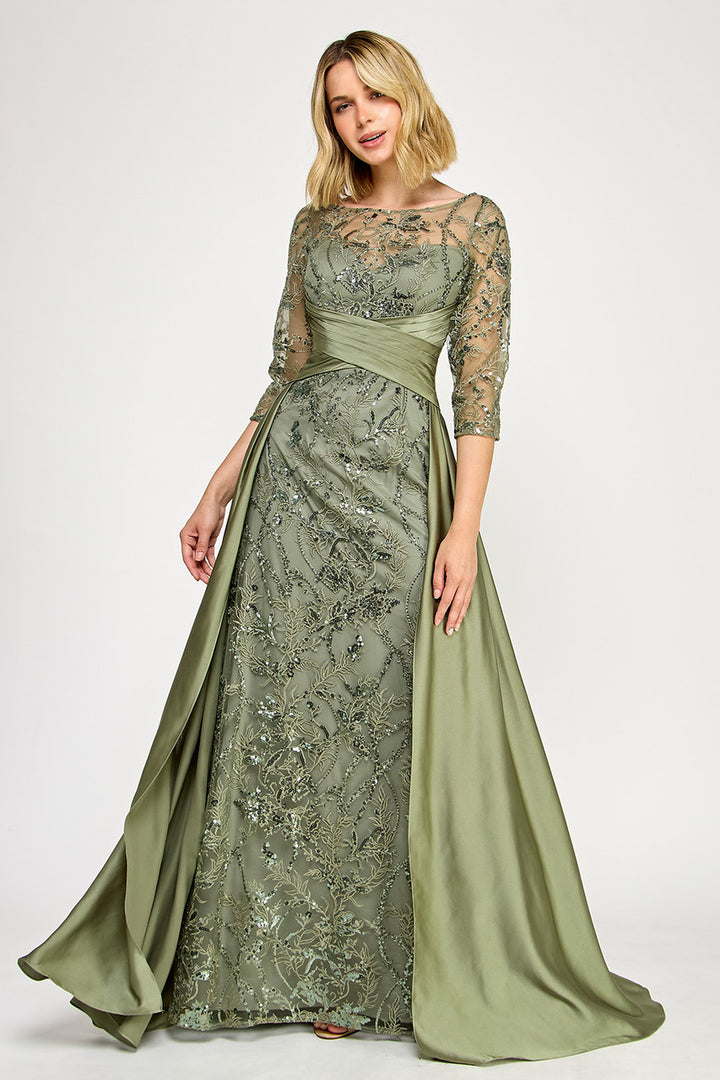 Embroidered 3/4 Sleeve Overskirt Gown by Lenovia 8355