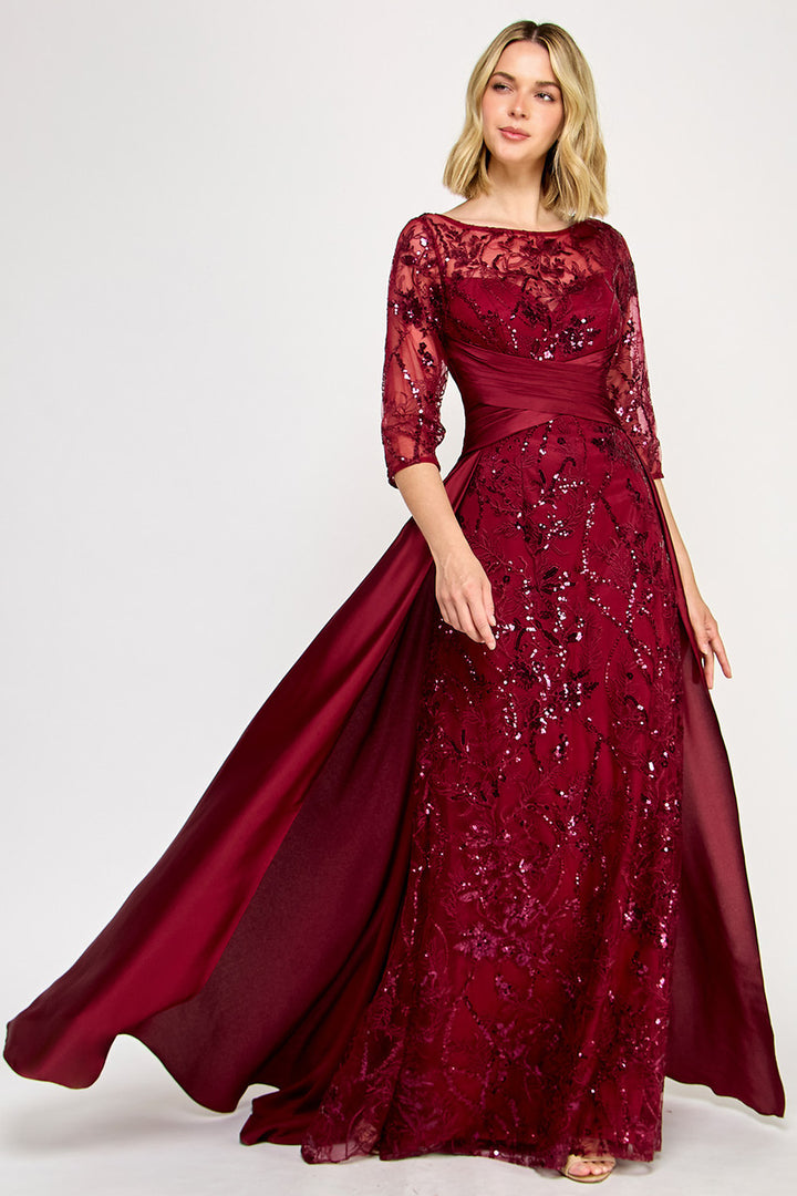 Embroidered 3/4 Sleeve Overskirt Gown by Lenovia 8355