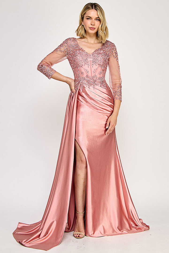 Applique Satin 3/4 Sleeve Slit Gown by Lenovia 8366