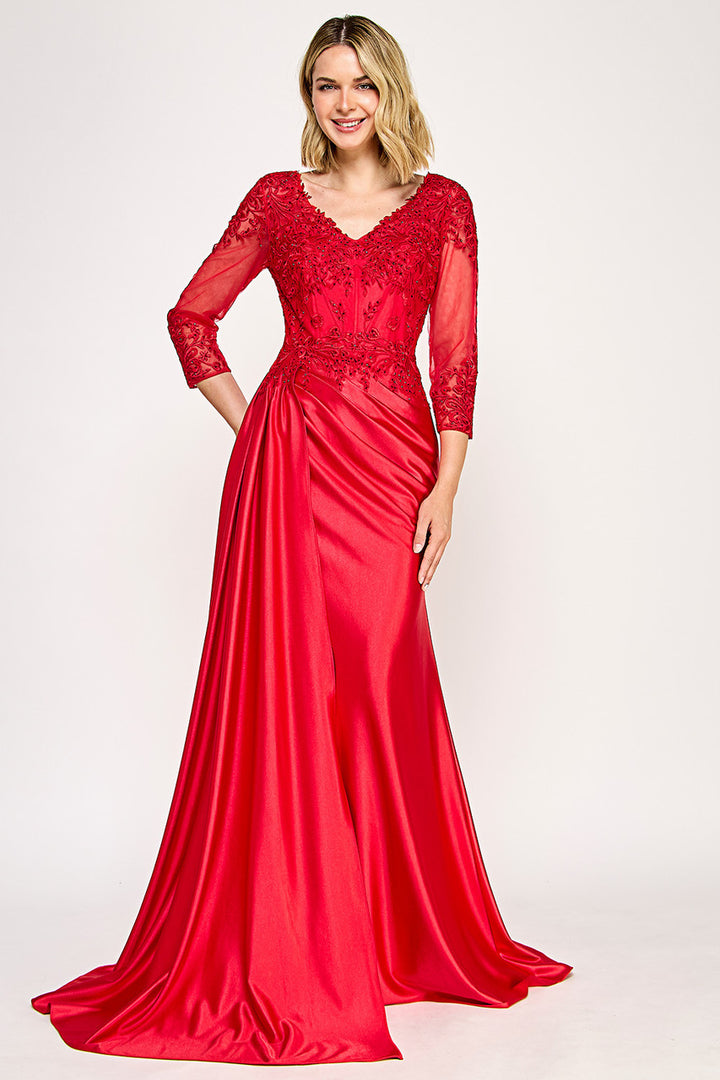 Applique Satin 3/4 Sleeve Slit Gown by Lenovia 8366