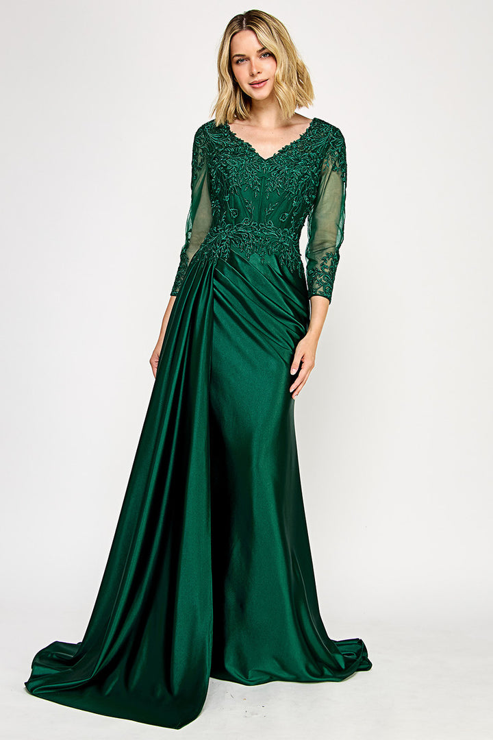 Applique Satin 3/4 Sleeve Slit Gown by Lenovia 8366