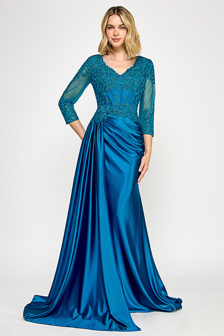 Applique Satin 3/4 Sleeve Slit Gown by Lenovia 8366