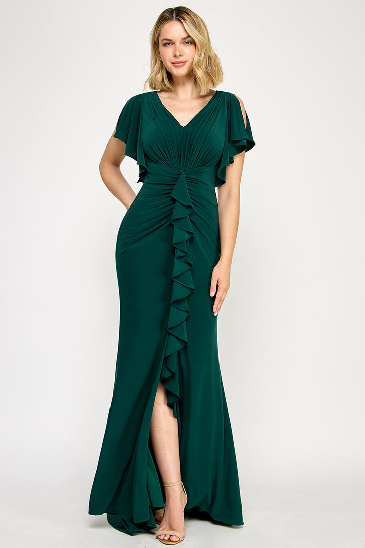 Ruffled Short Sleeve Slit Gown by Lenovia 8376