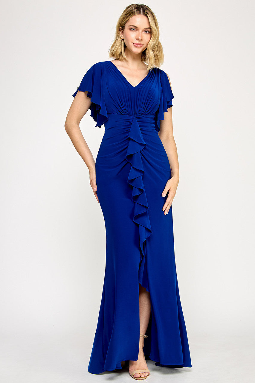 Ruffled Short Sleeve Slit Gown by Lenovia 8376