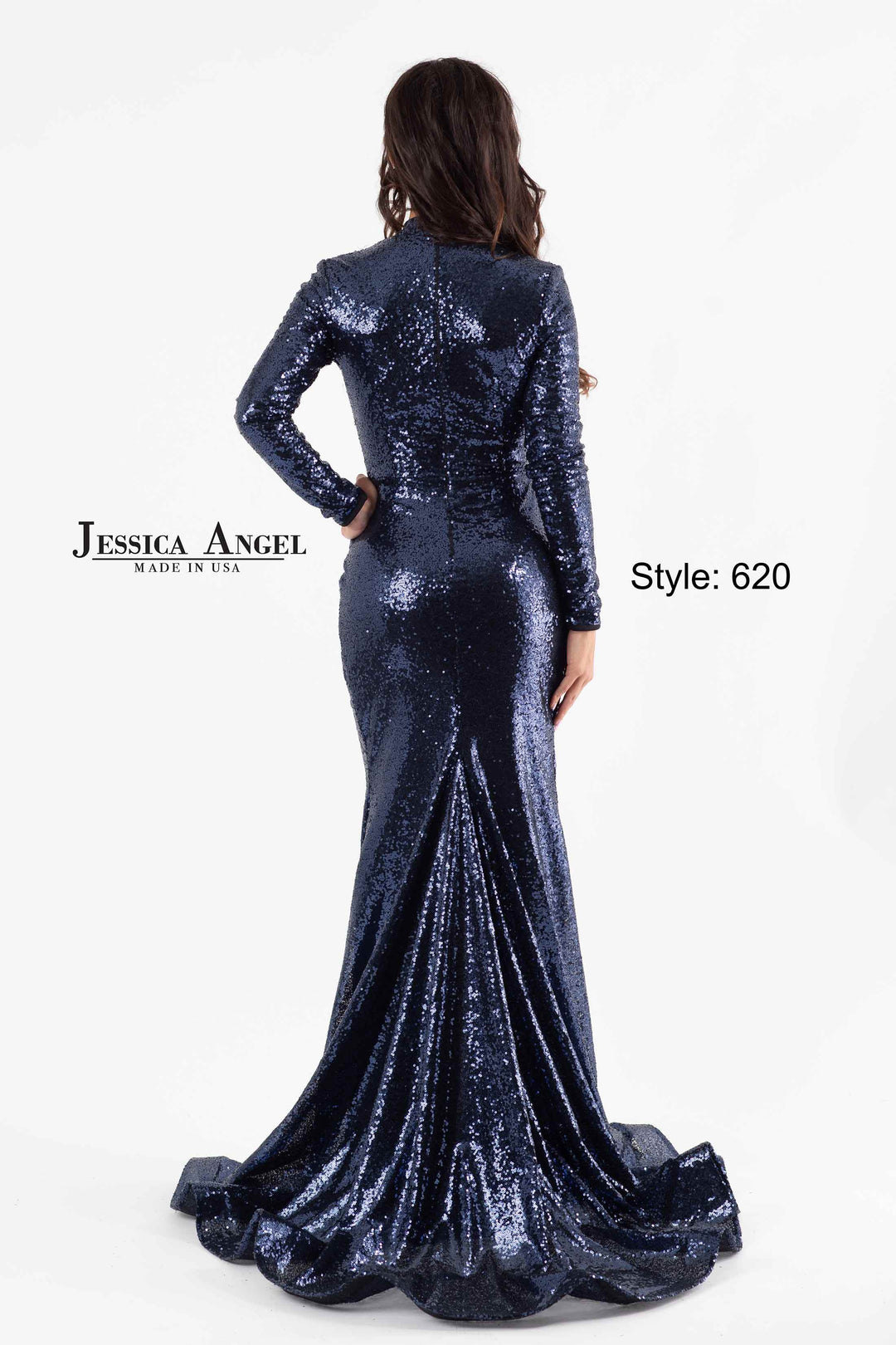 Sequin Long Sleeve Slit Gown by Jessica Angel 620