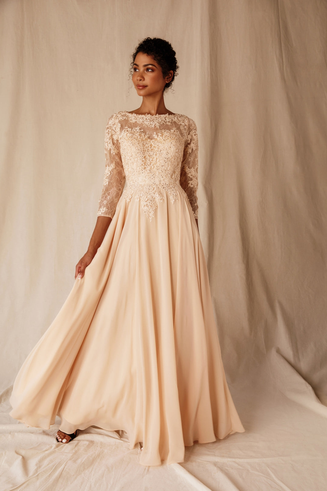 Lace Chiffon 3/4 Sleeve A-line Gown by Eureka 6909