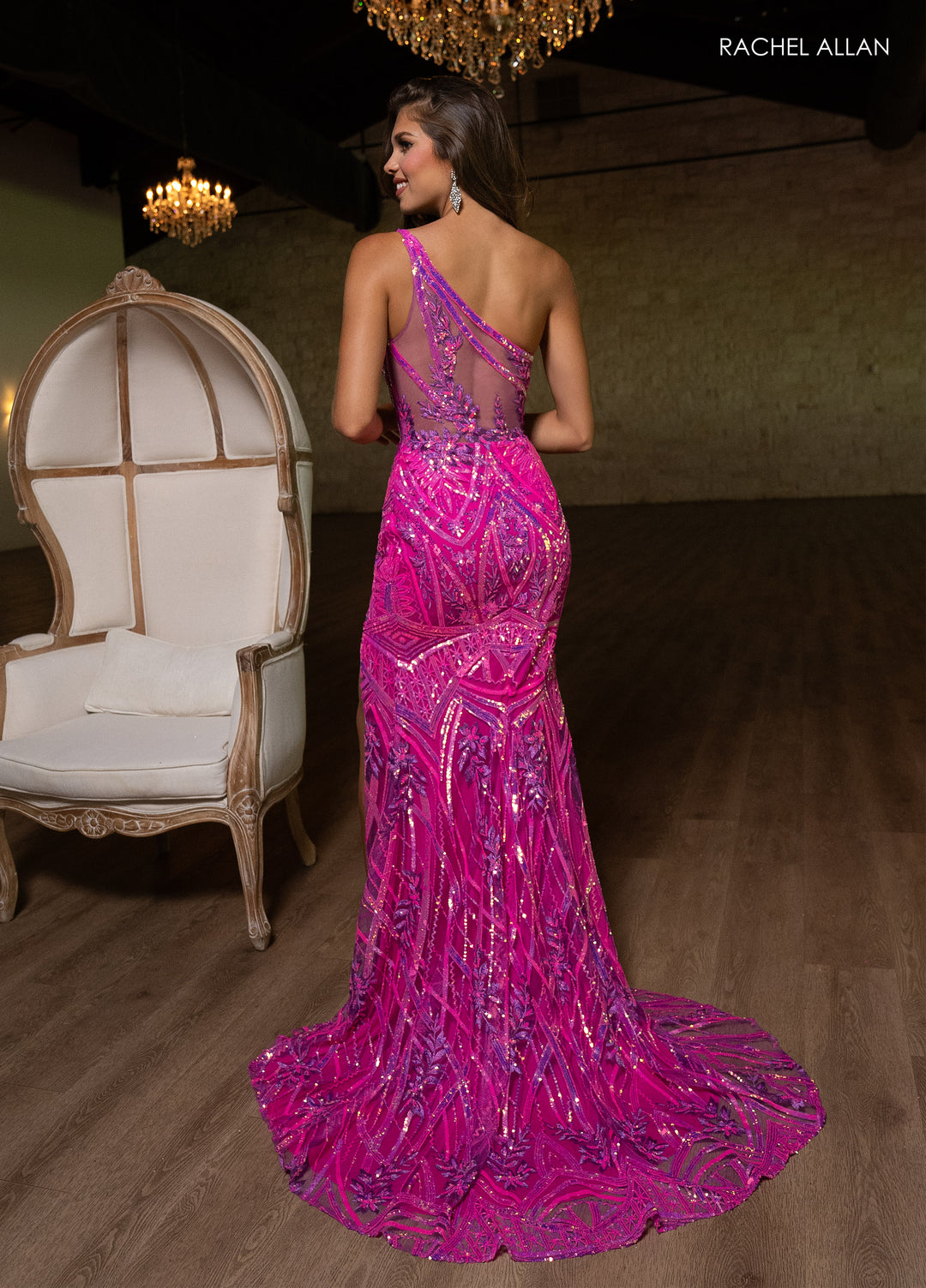 Sequin One Shoulder Slit Gown by Rachel Allan 70772