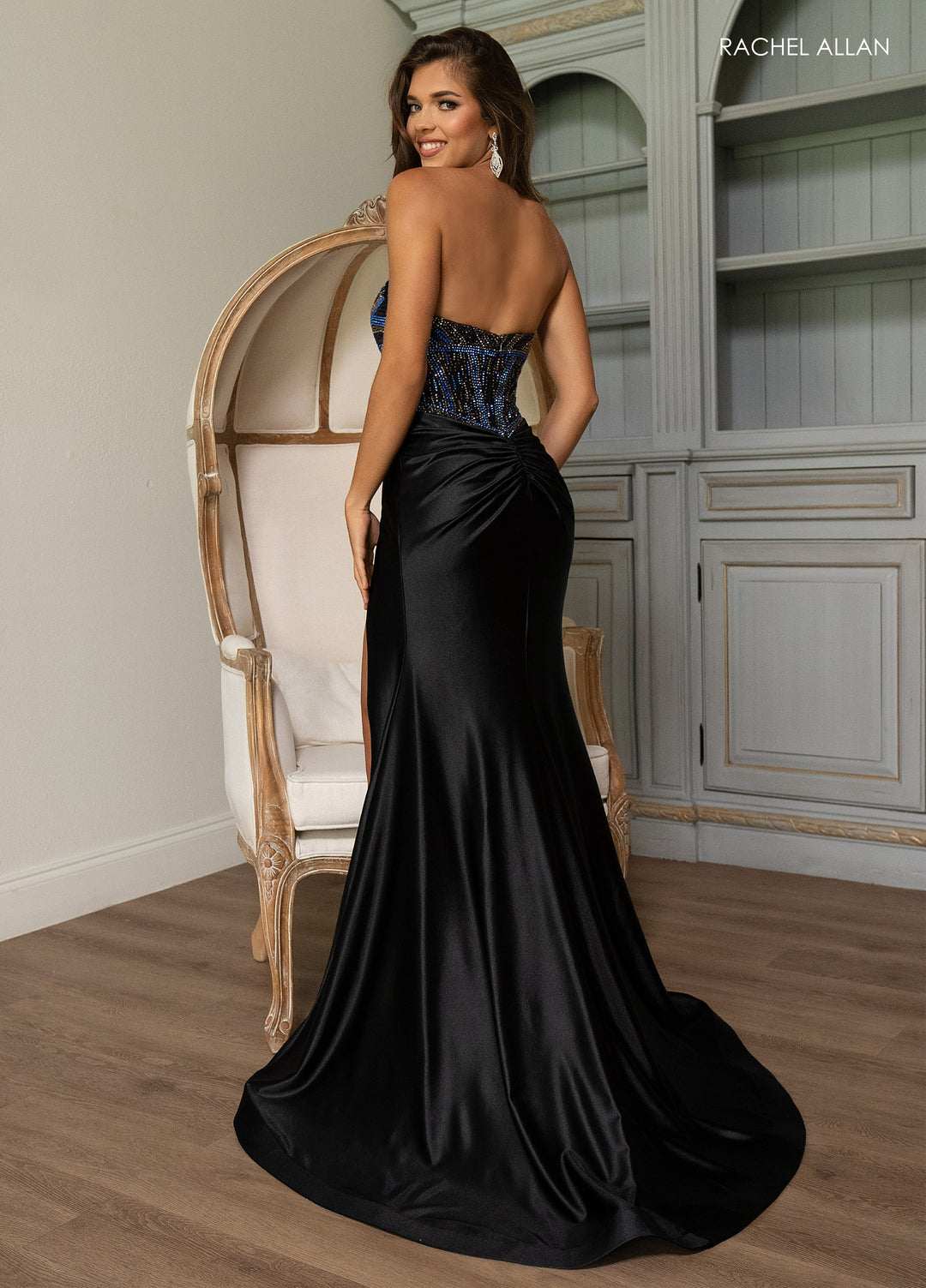 Beaded Satin Strapless Slit Gown by Rachel Allan 70838