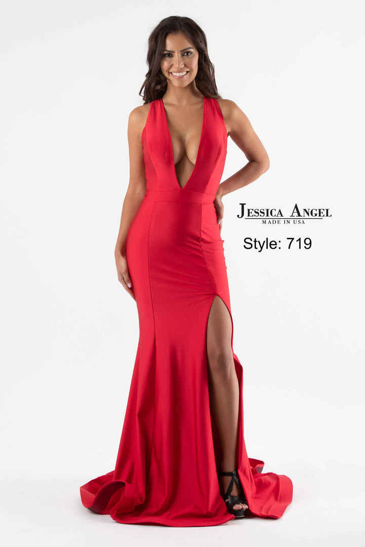 Jersey Fitted V-Neck Slit Gown by Jessica Angel 719