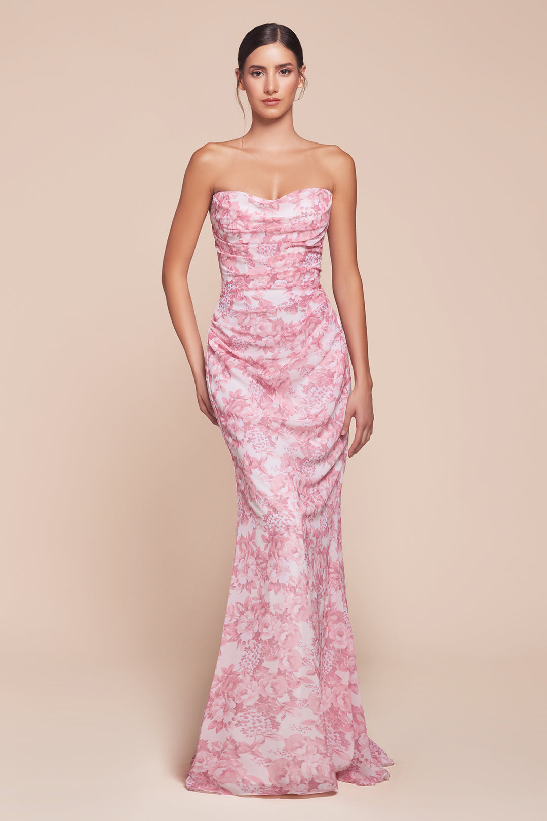 Floral Print Fitted Strapless Gown by Ladivine 7445