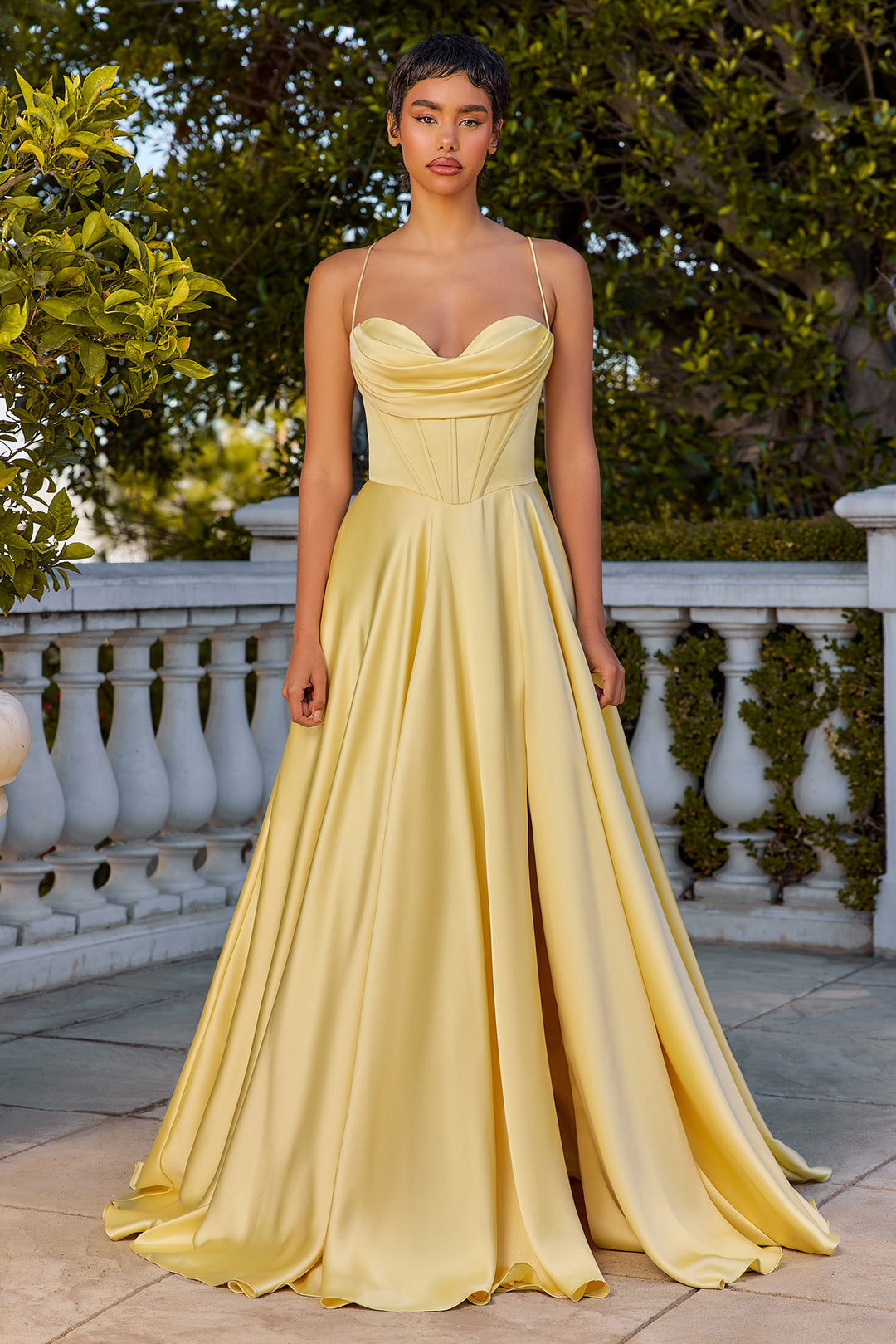 Satin Cowl A-line Slit Gown by Ladivine 7481