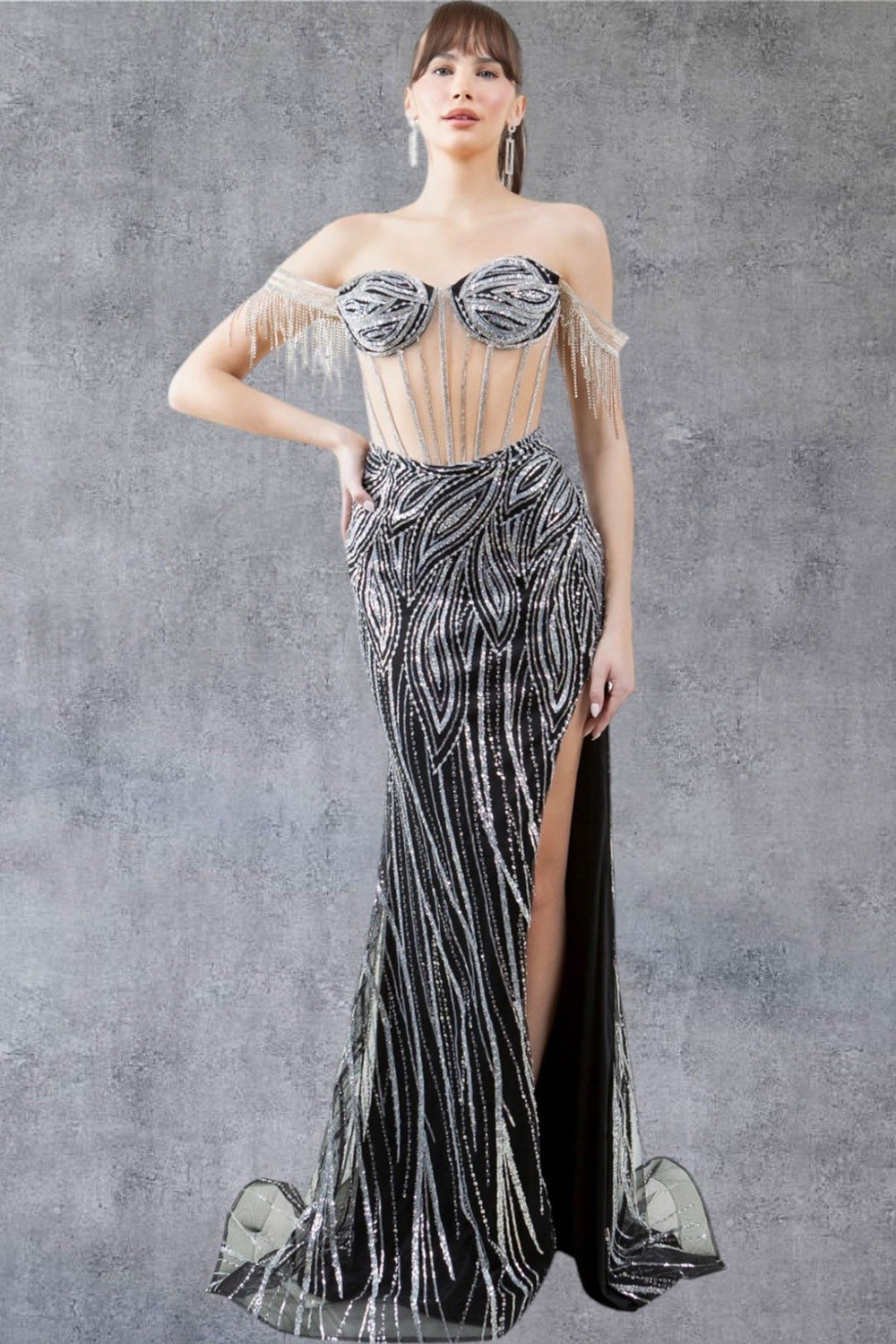 black and silver fringe dress Alexine  Luxury Couture Dress by BLINI