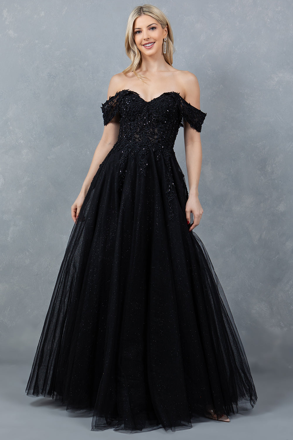 Off Shoulder A-Line Gown by Cinderella Couture 8152J S / Black Off Shoulder A-Line Gown by Cinderella Couture 8152J S / Black