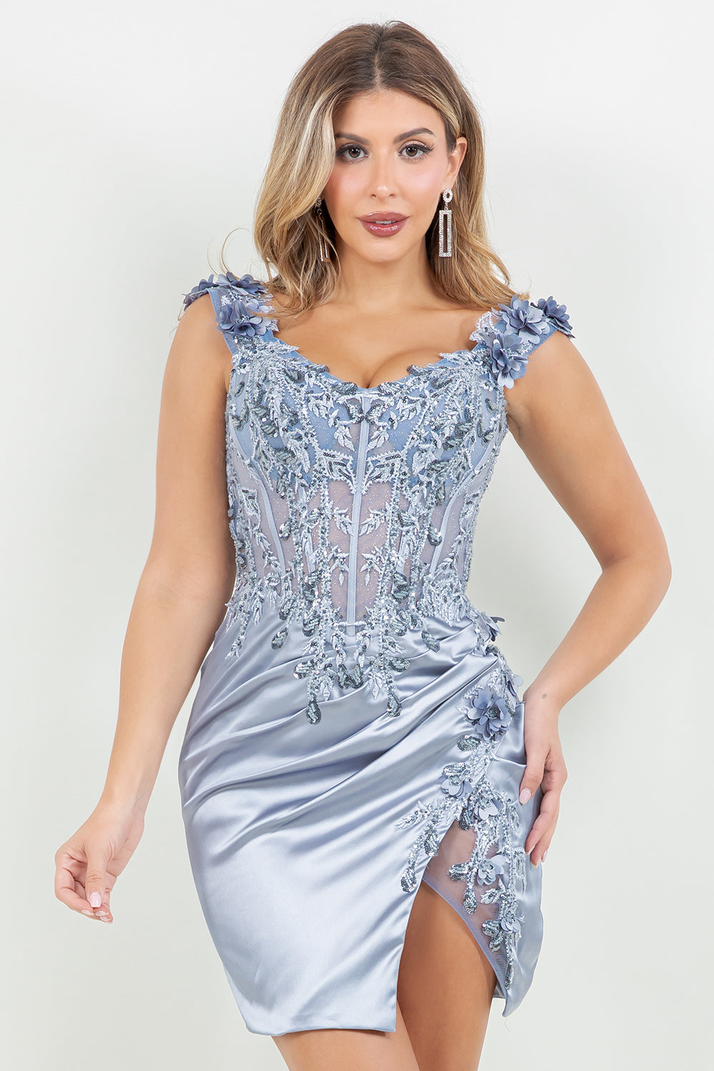 3D Floral Short Lace Beaded Cocktail Dress Cinderella Couture 8181JS - Blue / L