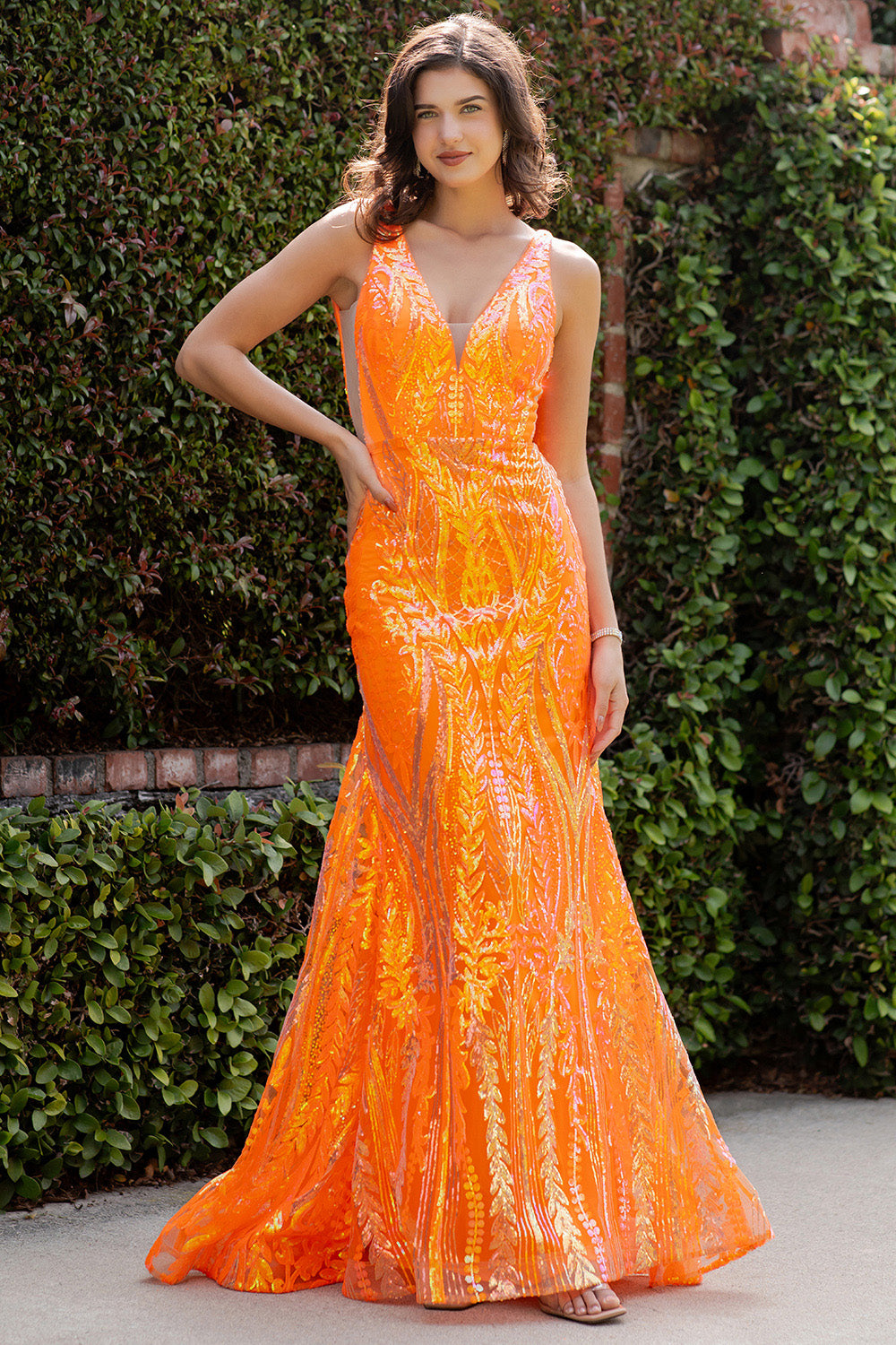 Sequin Print Fitted Sleeveless Gown by Cinderella Couture 8182J 2XL / Orange
