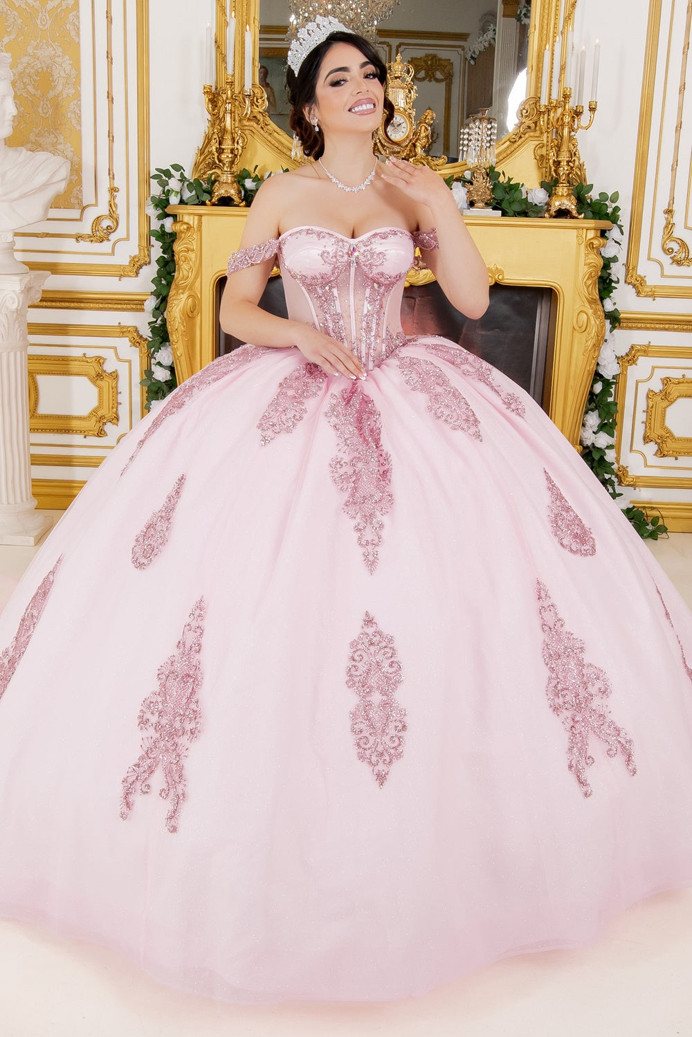 Off Shoulder Ball Gown by Cinderella Couture 8190J L / Pink Off Shoulder Ball Gown by Cinderella Couture 8190J L / Pink