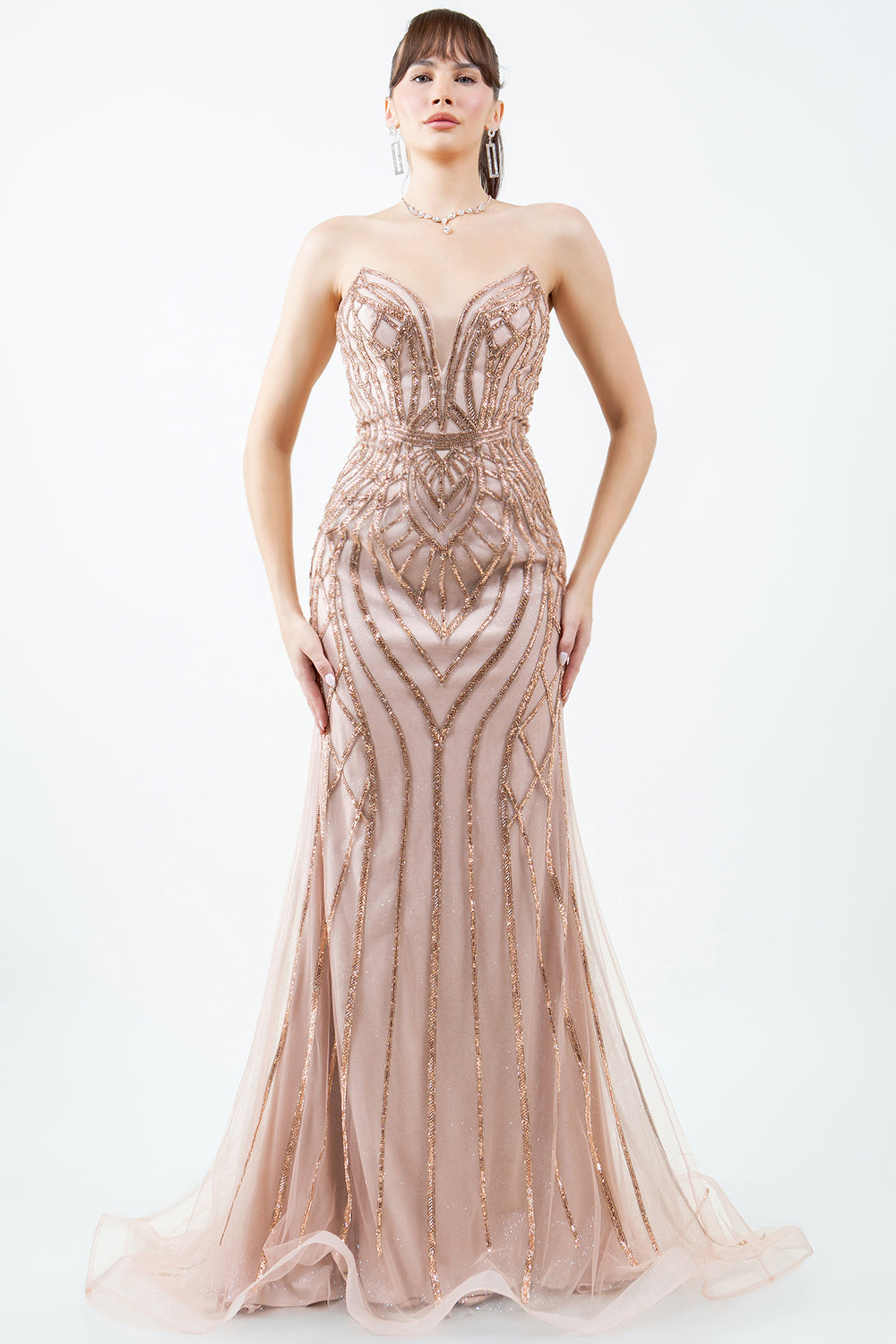 Cinderella Couture 8221J Prom Long Beaded Long Formal Pattern Dress - Rose Gold / XS Cinderella Couture 8221J Prom Long Beaded Long Formal Pattern Dress - Rose Gold / XS