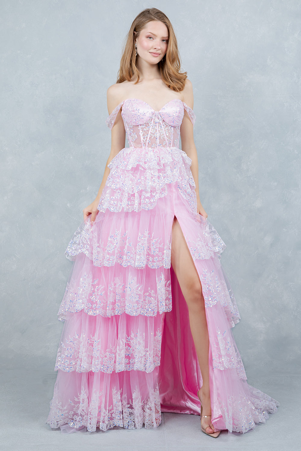 Off Shoulder Tiered Gown by Cinderella Couture 8499J XS / AB Pink Off Shoulder Tiered Gown by Cinderella Couture 8499J XS / AB Pink