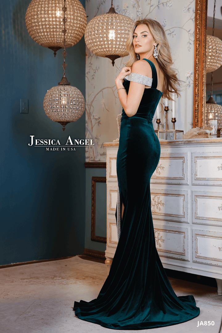 Velvet Asymmetric Slit Gown by Jessica Angel 850