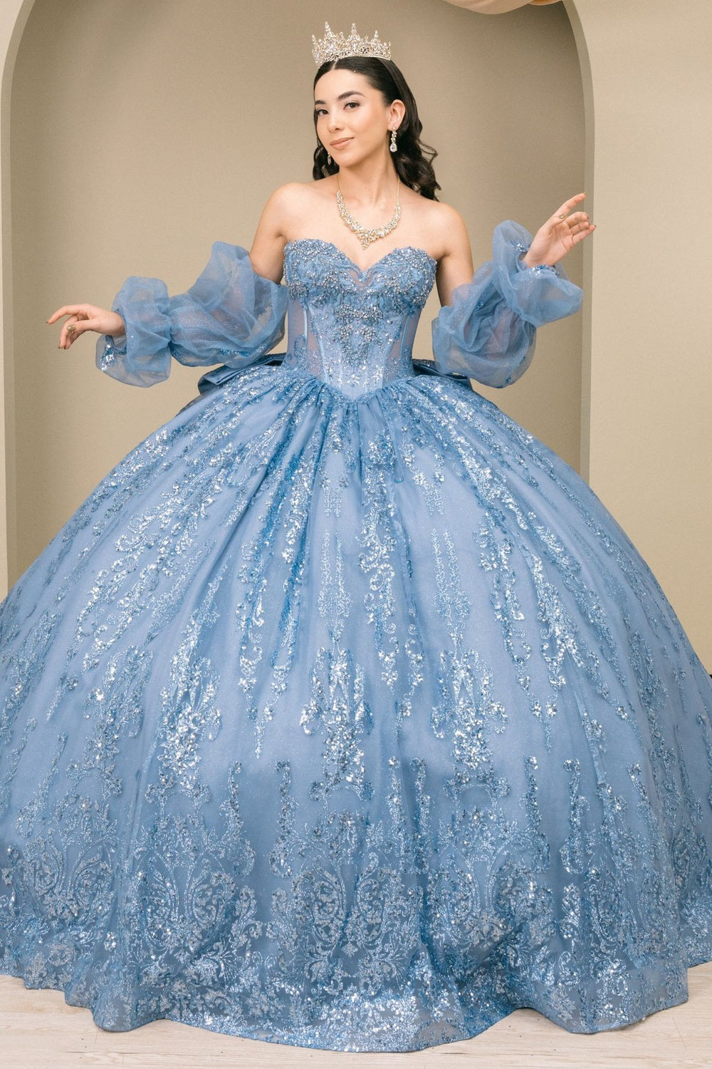 cinderella silver dress Puff Sleeve Ball Gown by Cinderella Couture 8565JQ S / Dusty Blue