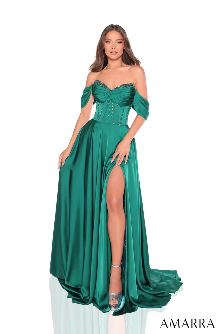 Satin Off Shoulder A-line Slit Gown by Amarra 88367