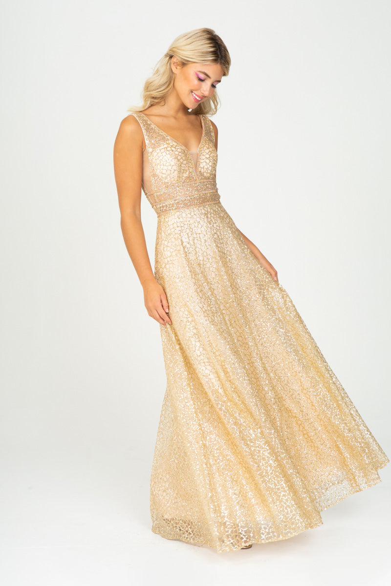 Glitter Mesh V-Neck A-line Gown by Eureka 9005